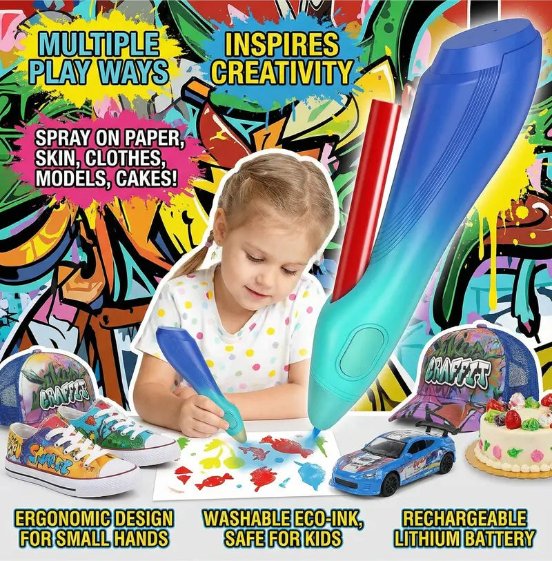 Electric Graffiti Pen Kit for Kids – Rechargeable Spray Art Pen with 6 Colors Pens, 40 Stencils & 20 Papers