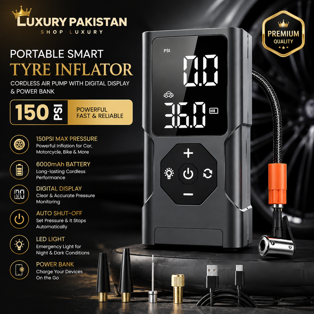 Portable Smart Tyre Inflator – 150PSI Cordless Air Pump, Digital Display & Emergency Power Bank