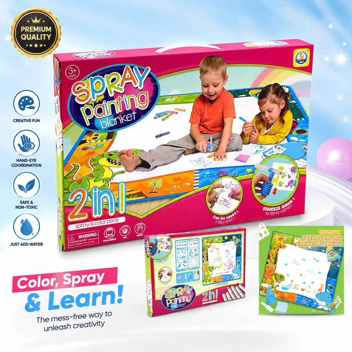 Kids Reusable Spray Painting Mat 2-in-1 | Drawing & Coloring Blanket with Spray Pens