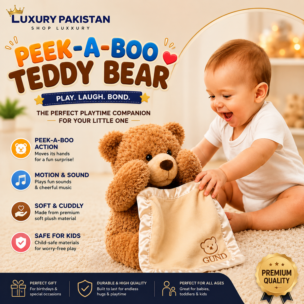 Peek-A-Boo Teddy Bear Toy with Motion & Sound for Kids | Interactive Singing Plush Toy
