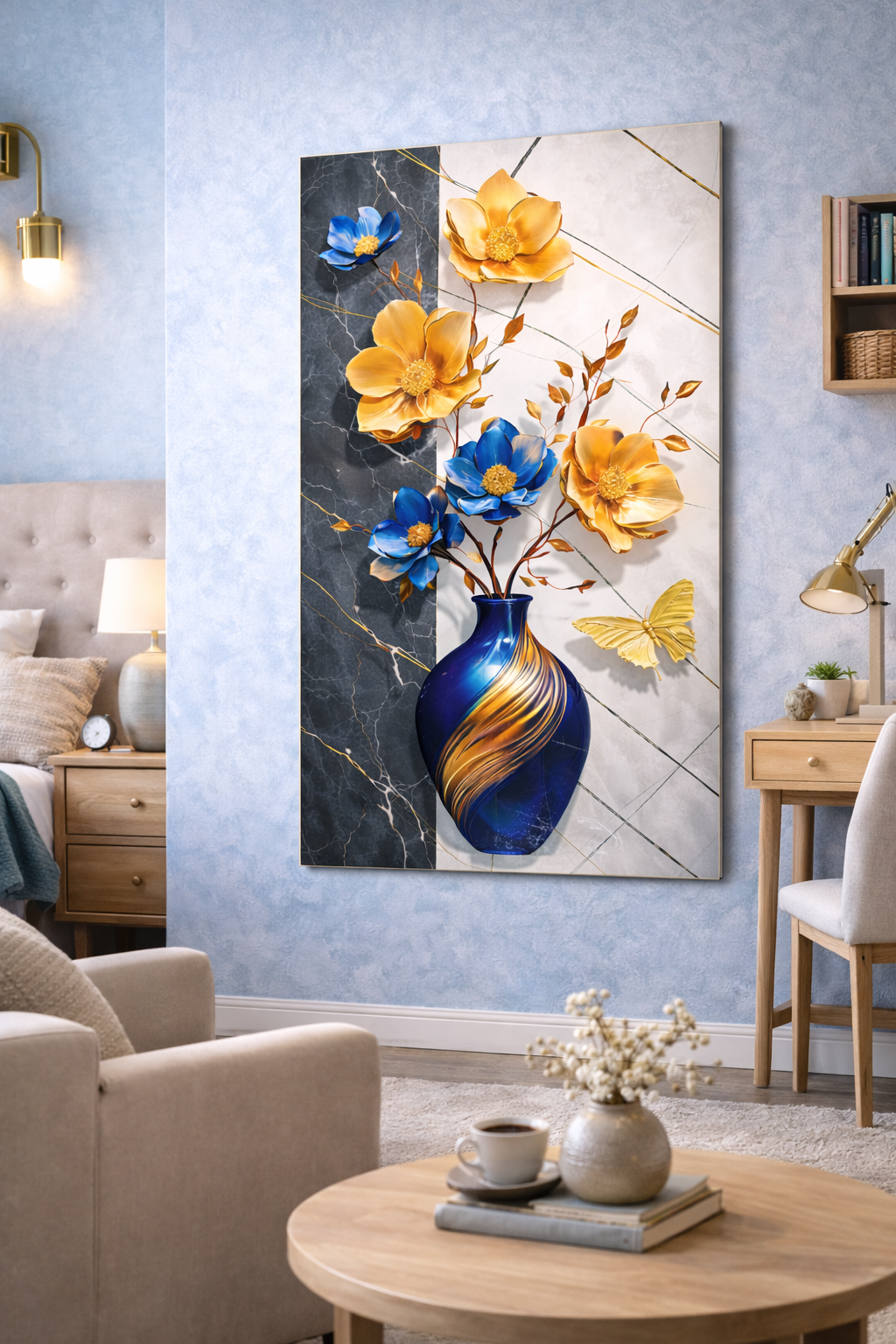 Luxury Blue & Golden Floral Wall Poster – Premium Wall Decor