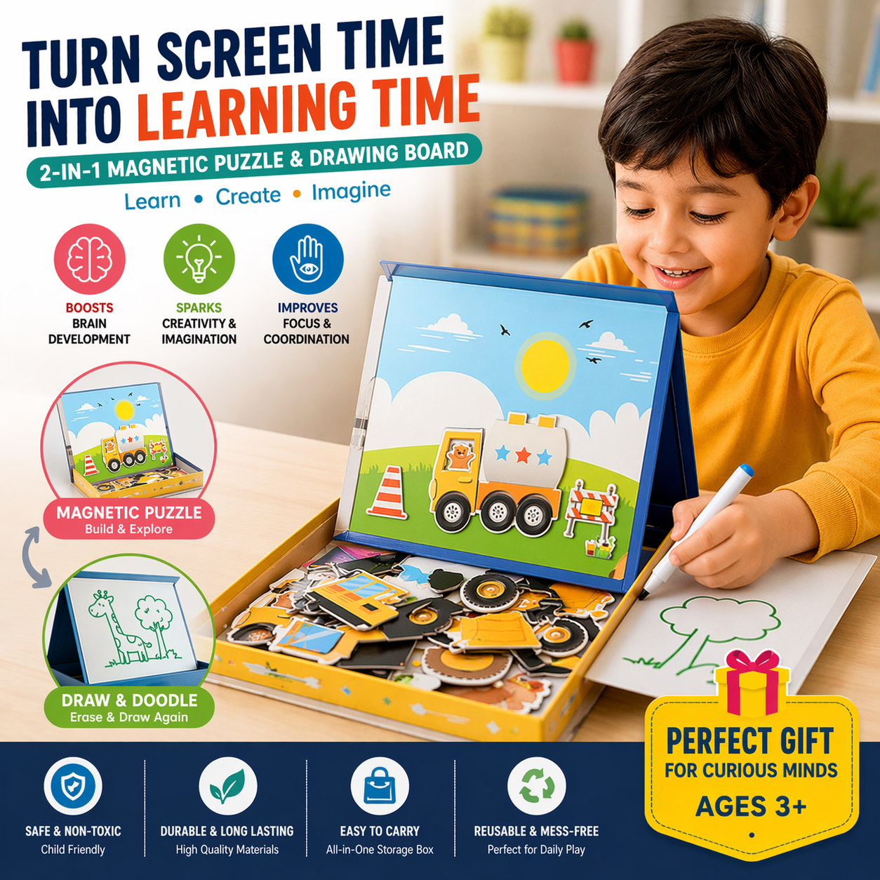 Magnetic 3D Puzzle Board for Kids – Creative Learning & Drawing Kit (2-in-1 Educational Toy)