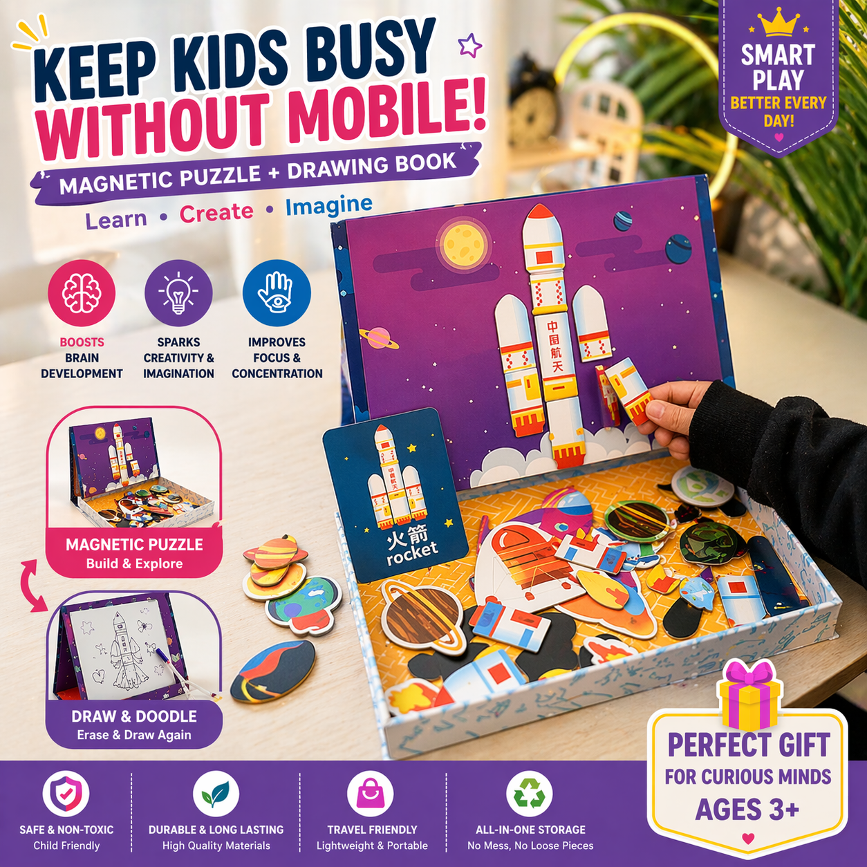 Magnetic 3D Puzzle Board for Kids – Creative Learning & Drawing Kit (2-in-1 Educational Toy)