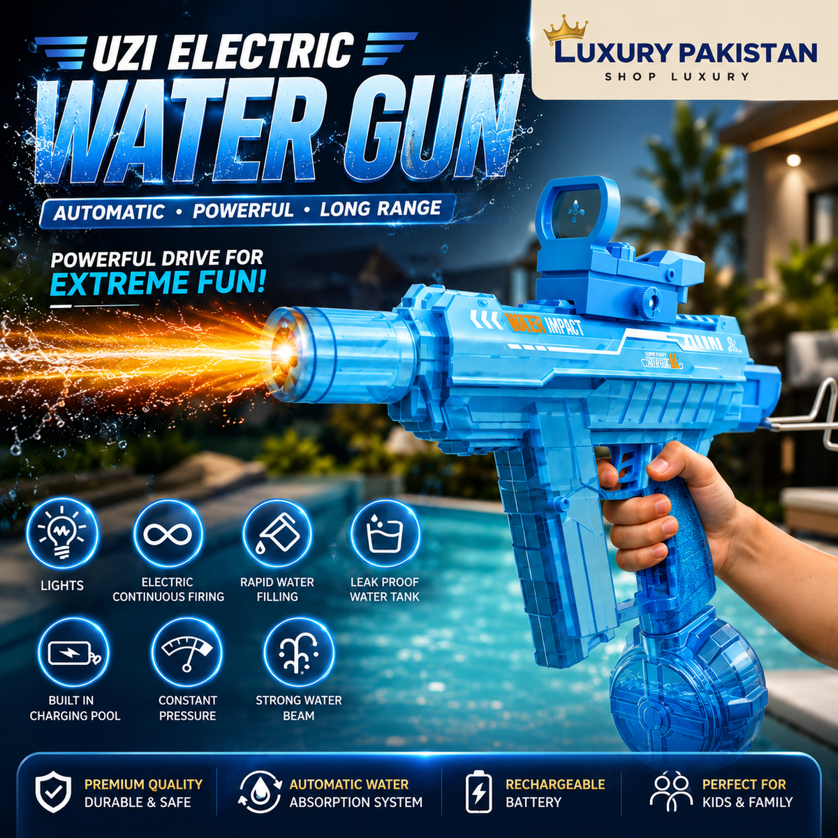 UZI Electric Water Gun with Flame Light – Automatic Rechargeable Long Range Water Blaster for Kids