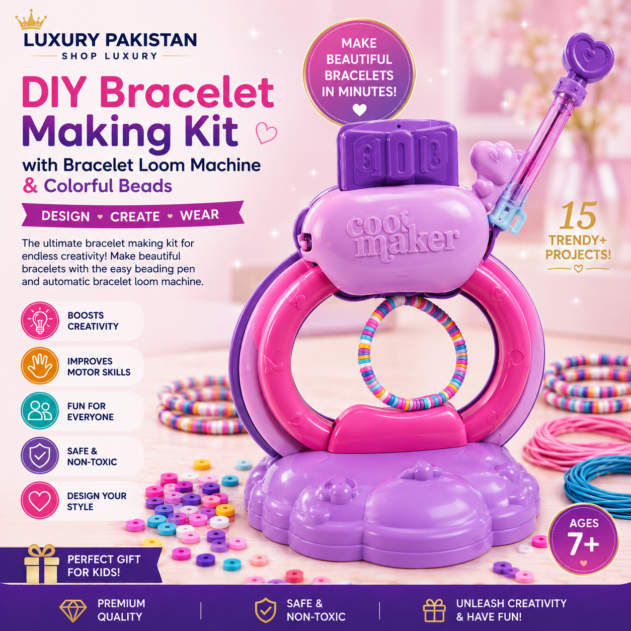 Kids DIY Bracelet Making Kit with Bracelet Loom Machine & Colorful Beads | Creative Jewelry Craft Set
