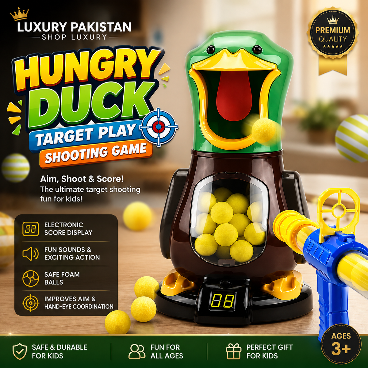 Hungry Duck Target Shooting Game for Kids | Interactive Foam Ball Blaster Toy with Electronic Score Counter