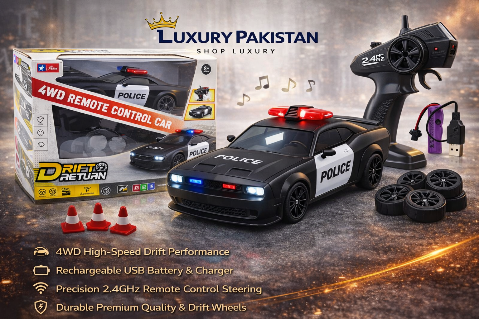 Rechargeable 4WD RC Drift Car with LED Lights & Sound