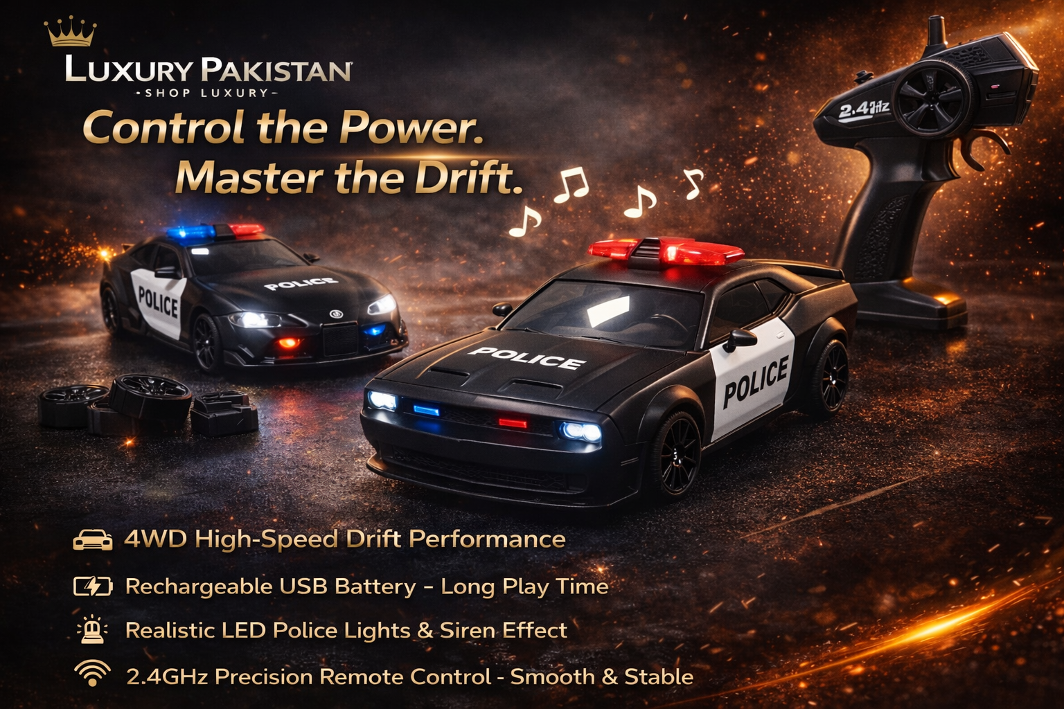 Rechargeable 4WD RC Drift Car with LED Lights & Sound