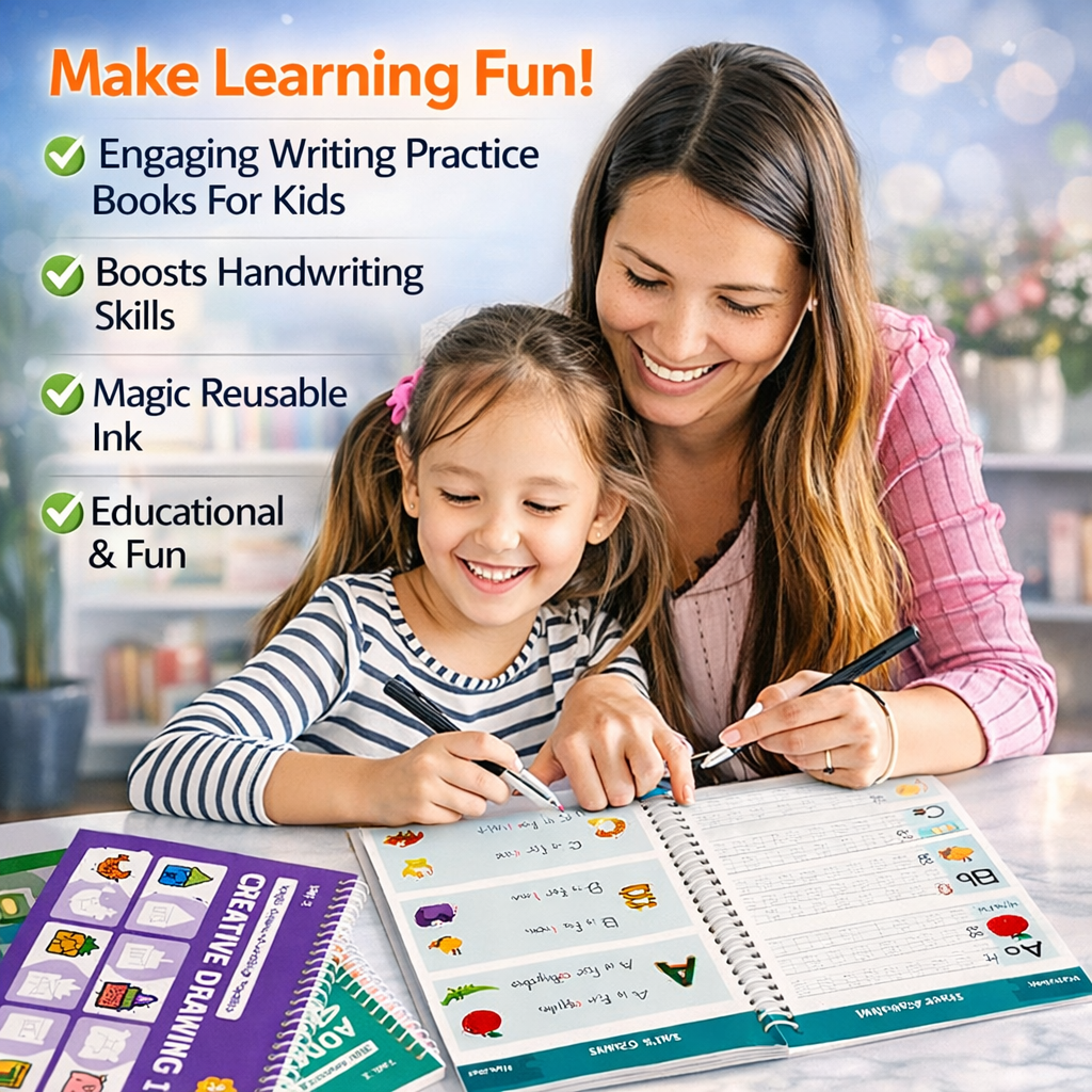 Magic Grooved Writing Practice Books for Kids – 6 Reusable Copybooks with Magic Pen & Refills