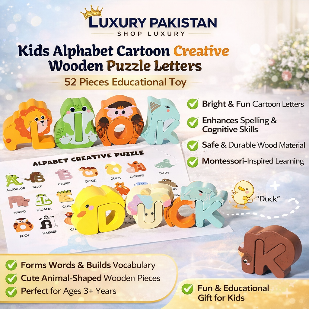 Kids Alphabet Cartoon Creative Wooden Puzzle Letters – 52 Pieces Educational Learning Toy