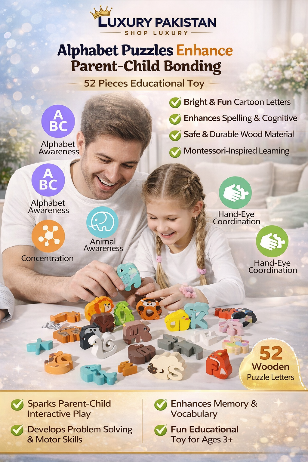 Kids Alphabet Cartoon Creative Wooden Puzzle Letters – 52 Pieces Educational Learning Toy