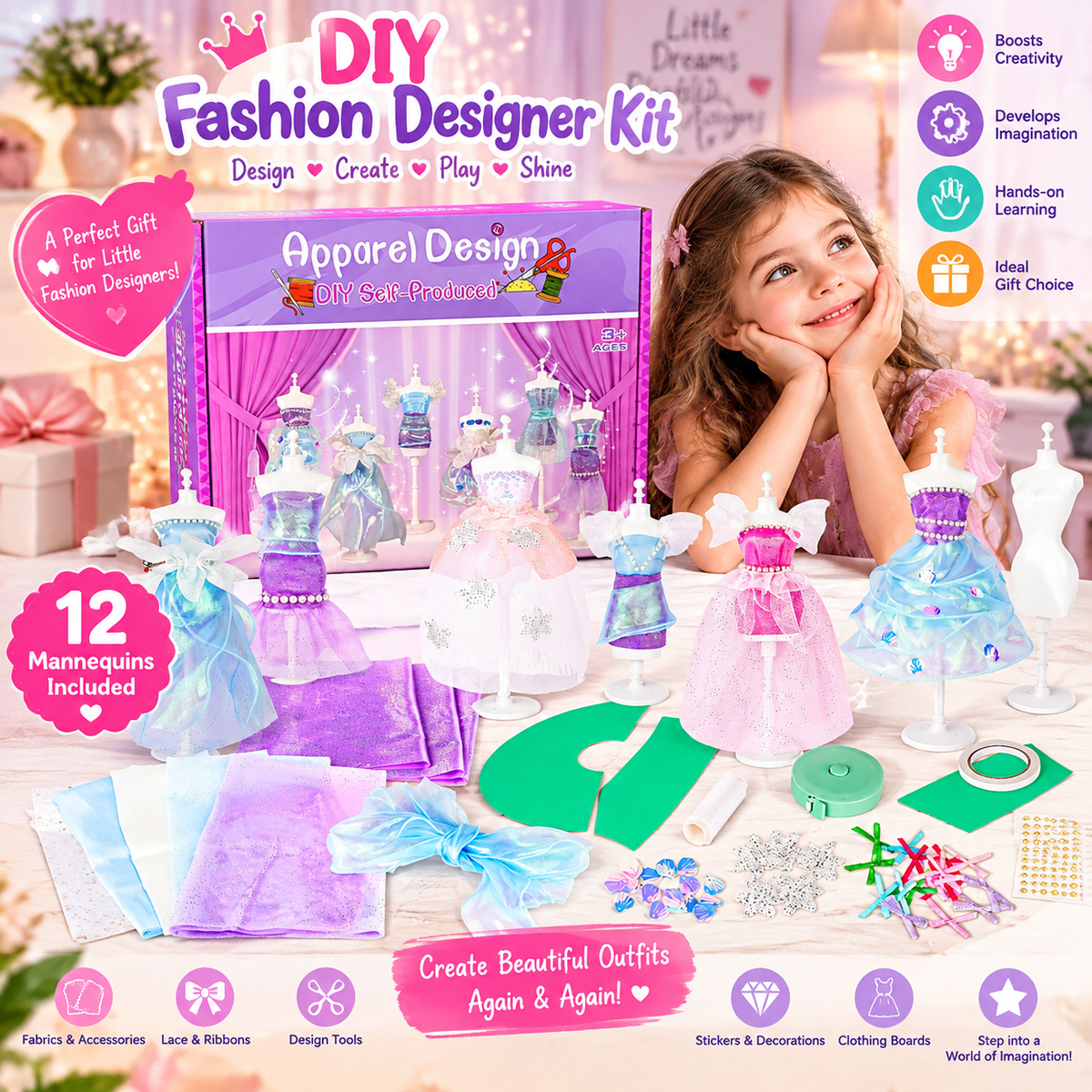 DIY Princess Fashion Designer Kit for Girls | 6 Mannequin Doll Clothing Craft Set | Creative Sewing & Dress Making Toy