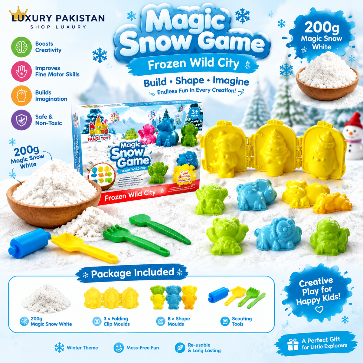 Magic Snow Sand Kit for Kids – Frozen Winter Playset with Shape Moulds & Creative Tools