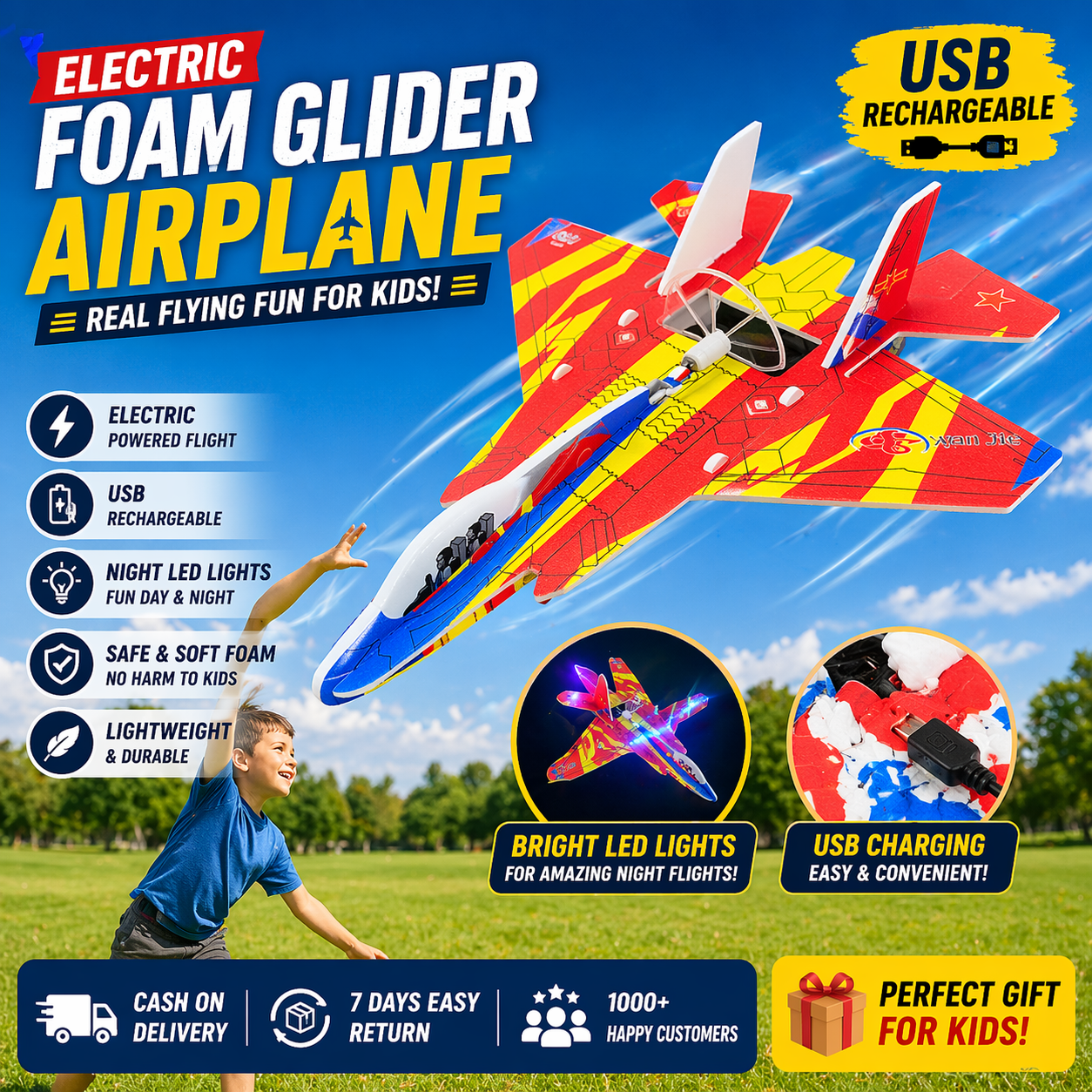 Rechargeable Foam Airplane – LED Flying Toy for Kids