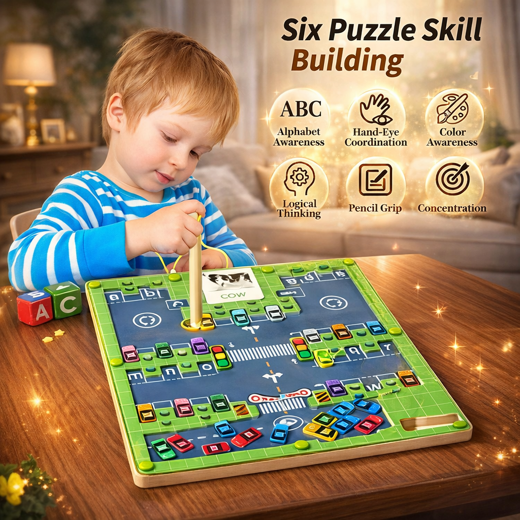 Kids Wooden Montessori Alphabet Parking Maze Magnetic Board – Educational Learning Toy for ABC Recognition & Fine Motor Skills