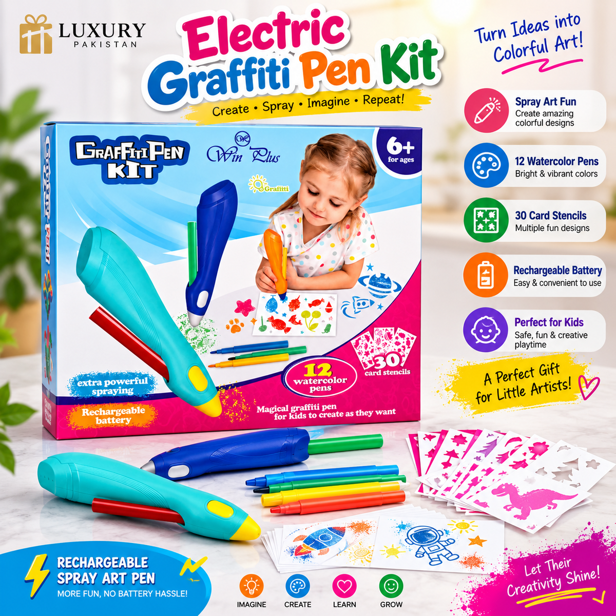 Electric Graffiti Pen Kit for Kids – Rechargeable Spray Art Pen with 6 Colors Pens, 40 Stencils & 20 Papers