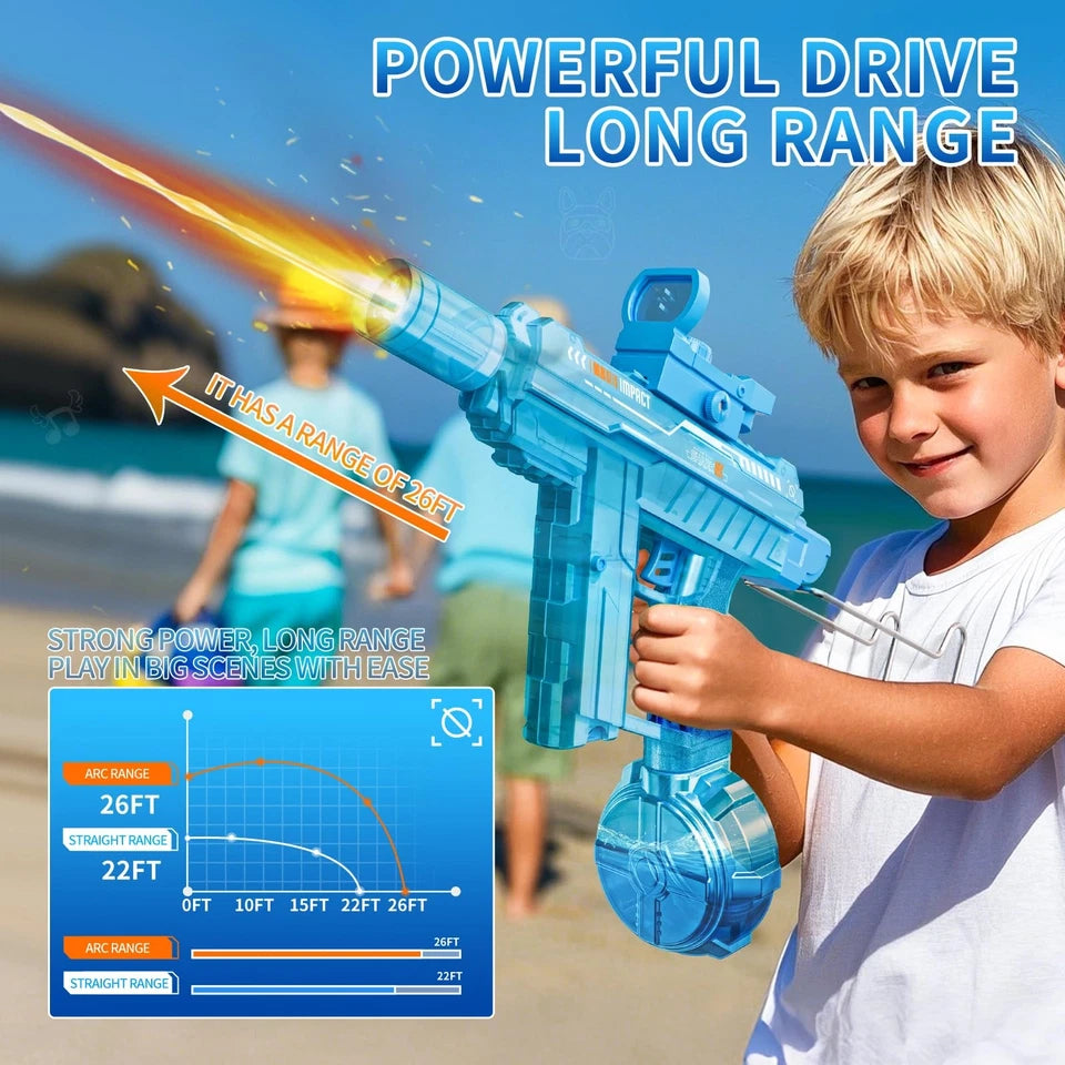 UZI Electric Water Gun with Flame Light – Automatic Rechargeable Long Range Water Blaster for Kids