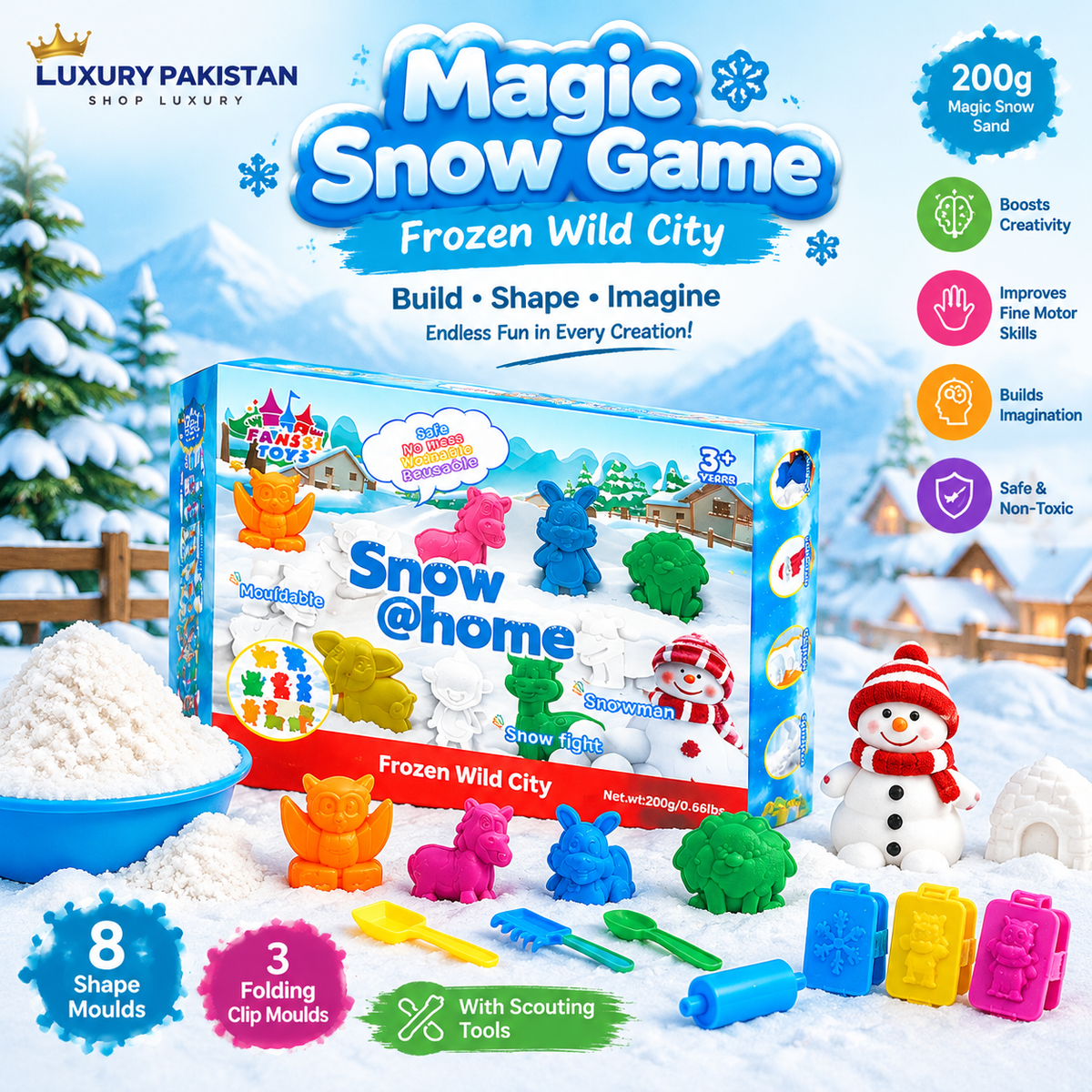 Magic Snow Sand Kit for Kids – Frozen Winter Playset with Shape Moulds & Creative Tools