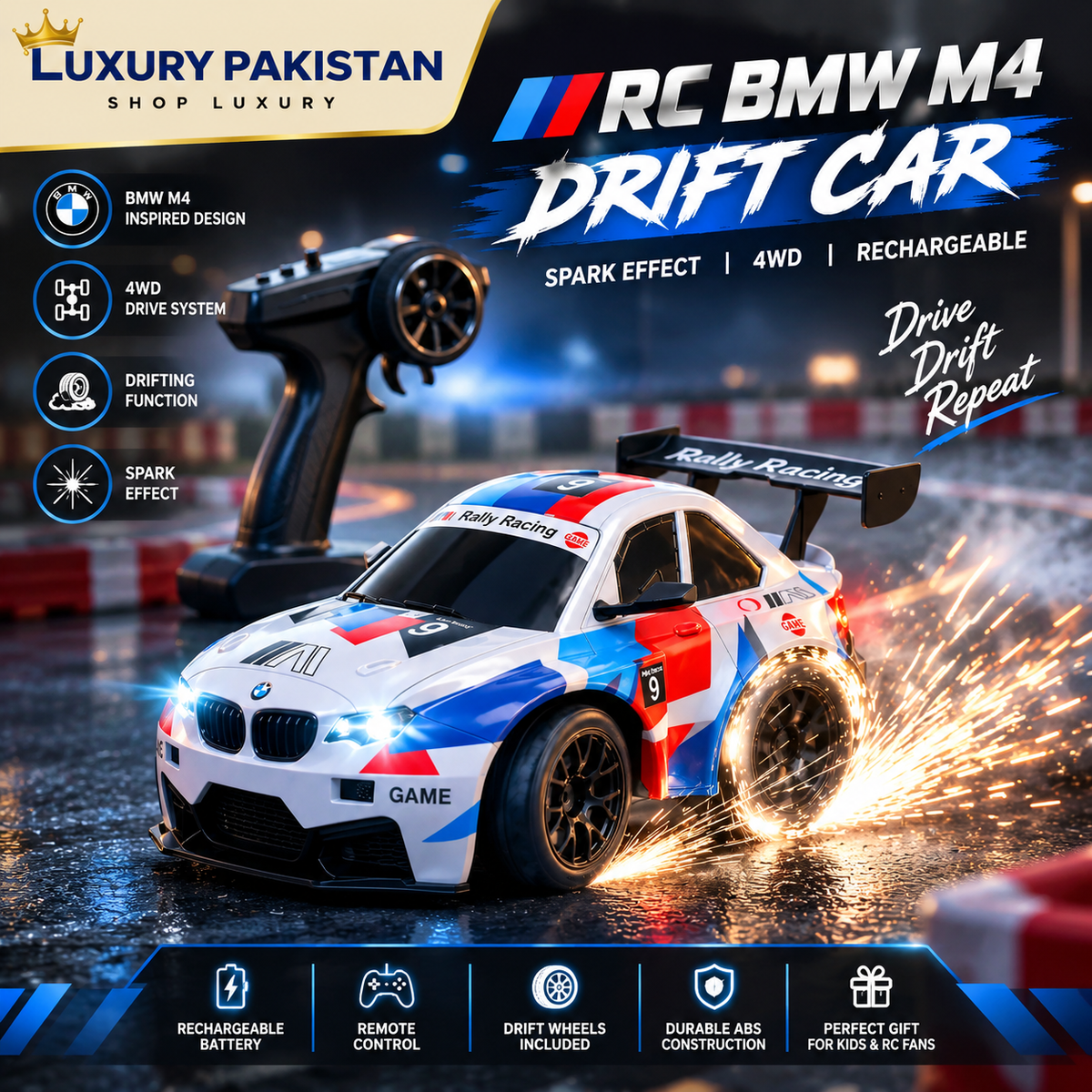 RC BMW M4 Drift Car with Spark Effect – 4WD Rechargeable Remote Control Racing Car