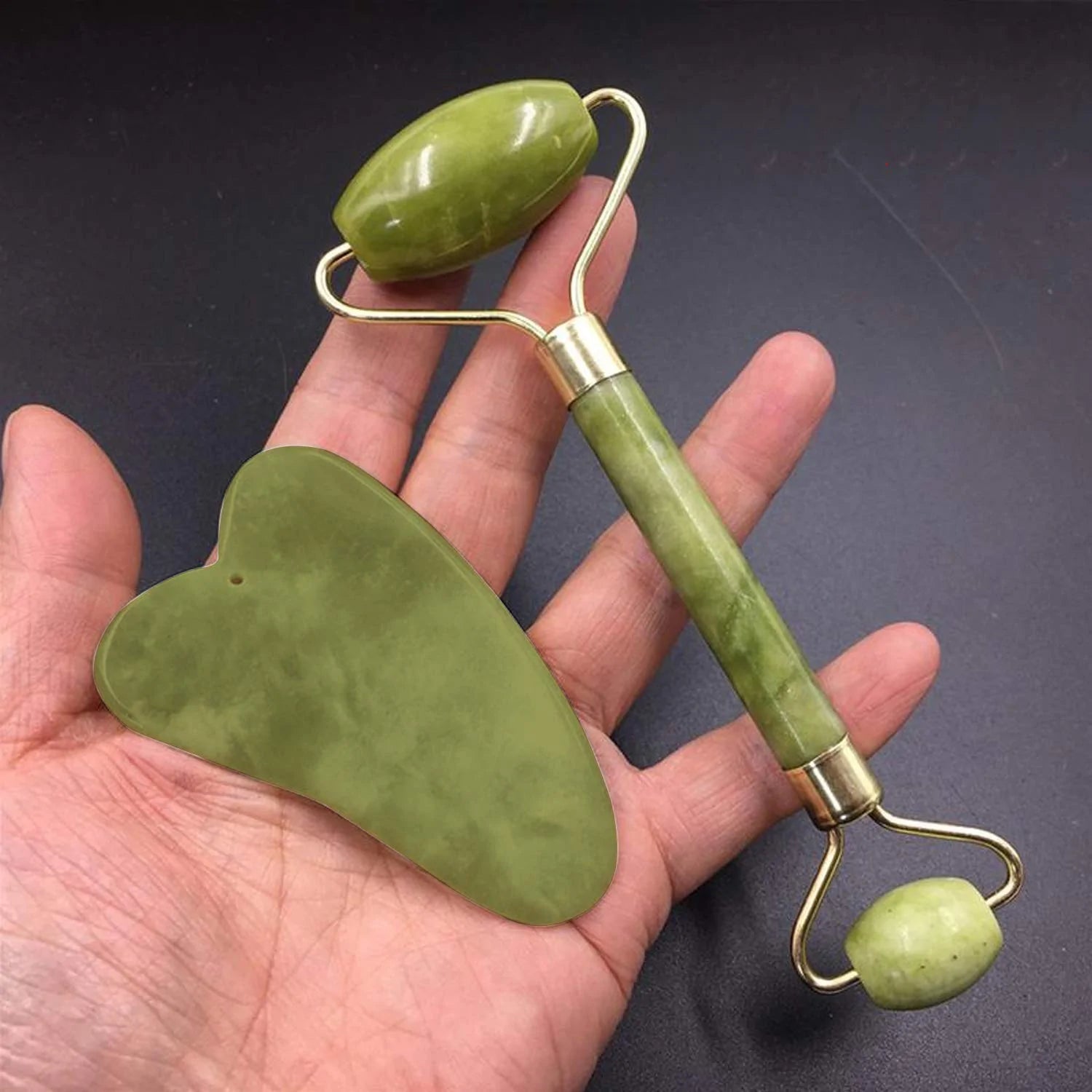 Natural Stone Jade Roller & Gua Sha Set for Facial Massage